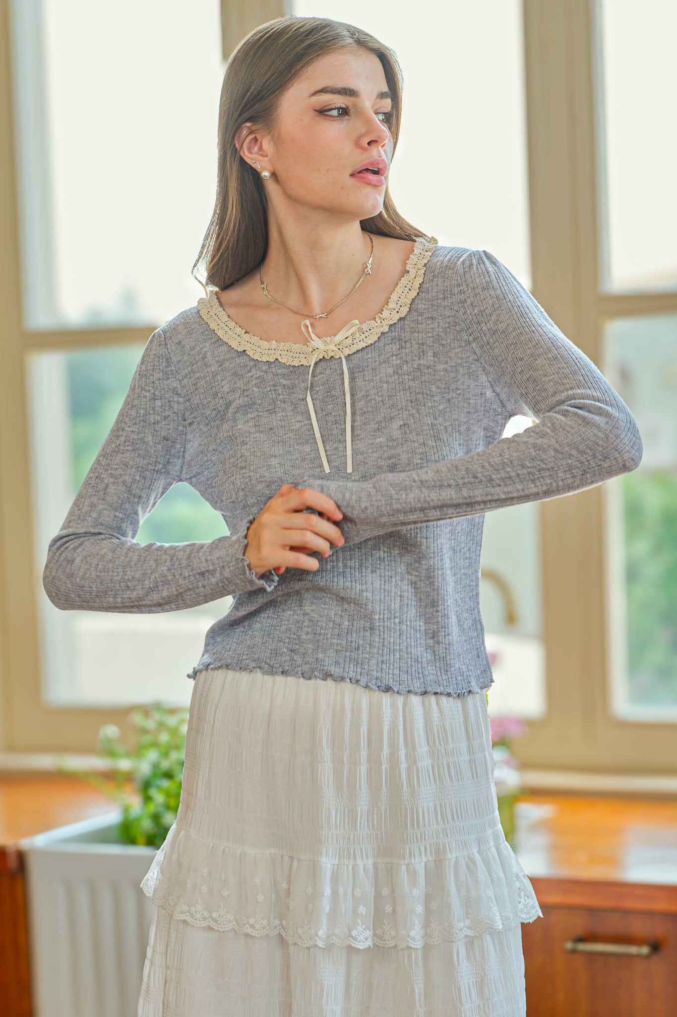 Knit Top with Lace and Ribbon (Soft Grey) (2S-2M-2L)