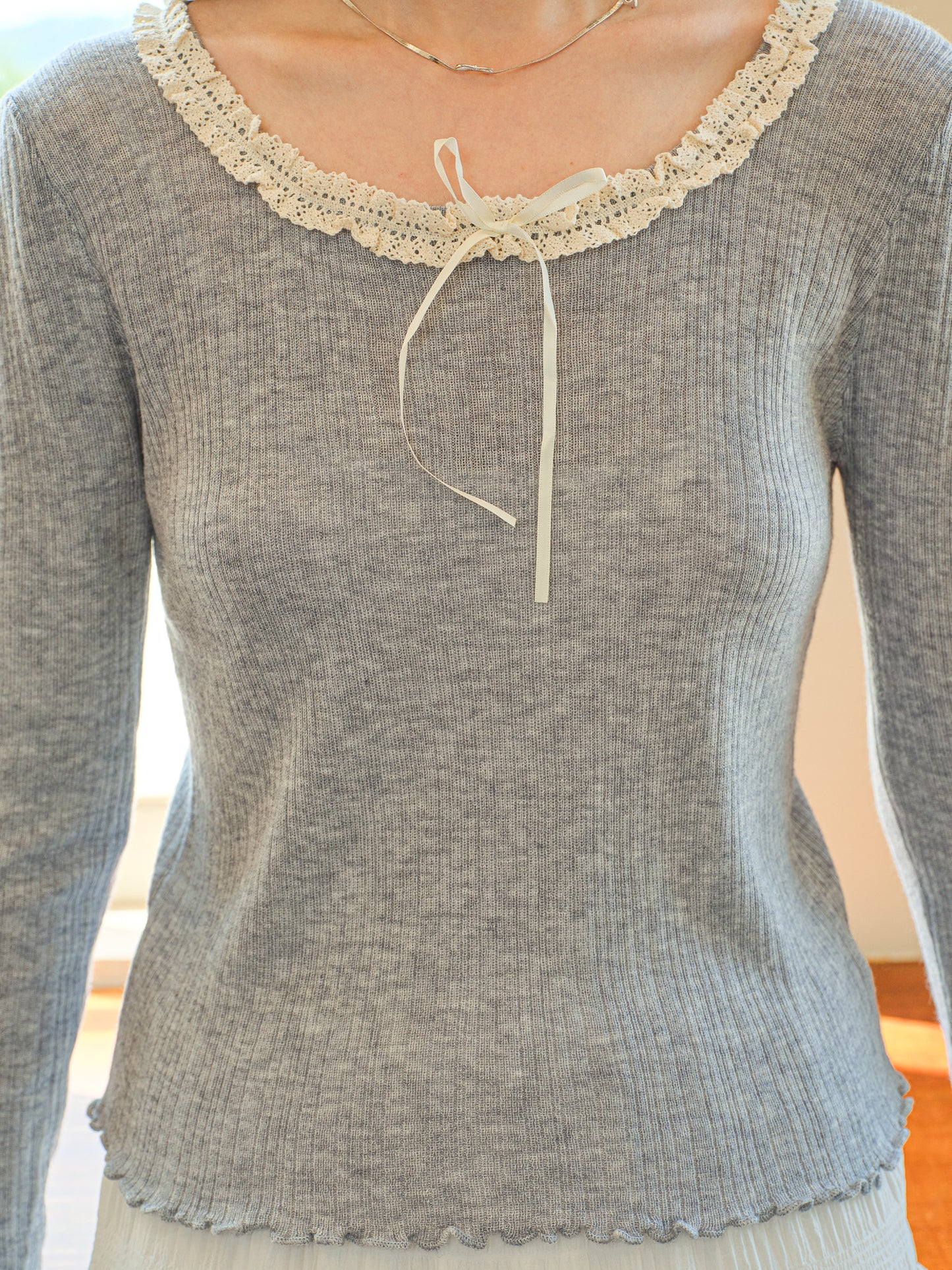 Knit Top with Lace and Ribbon (Soft Grey) (2S-2M-2L)