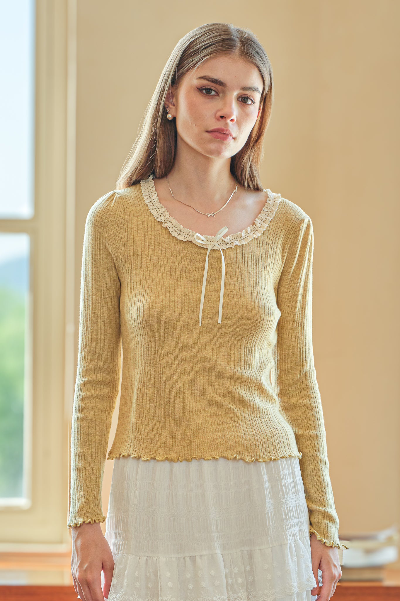 Knit Top with Lace and Ribbon (Mustard Yellow) (2S-2M-2L)