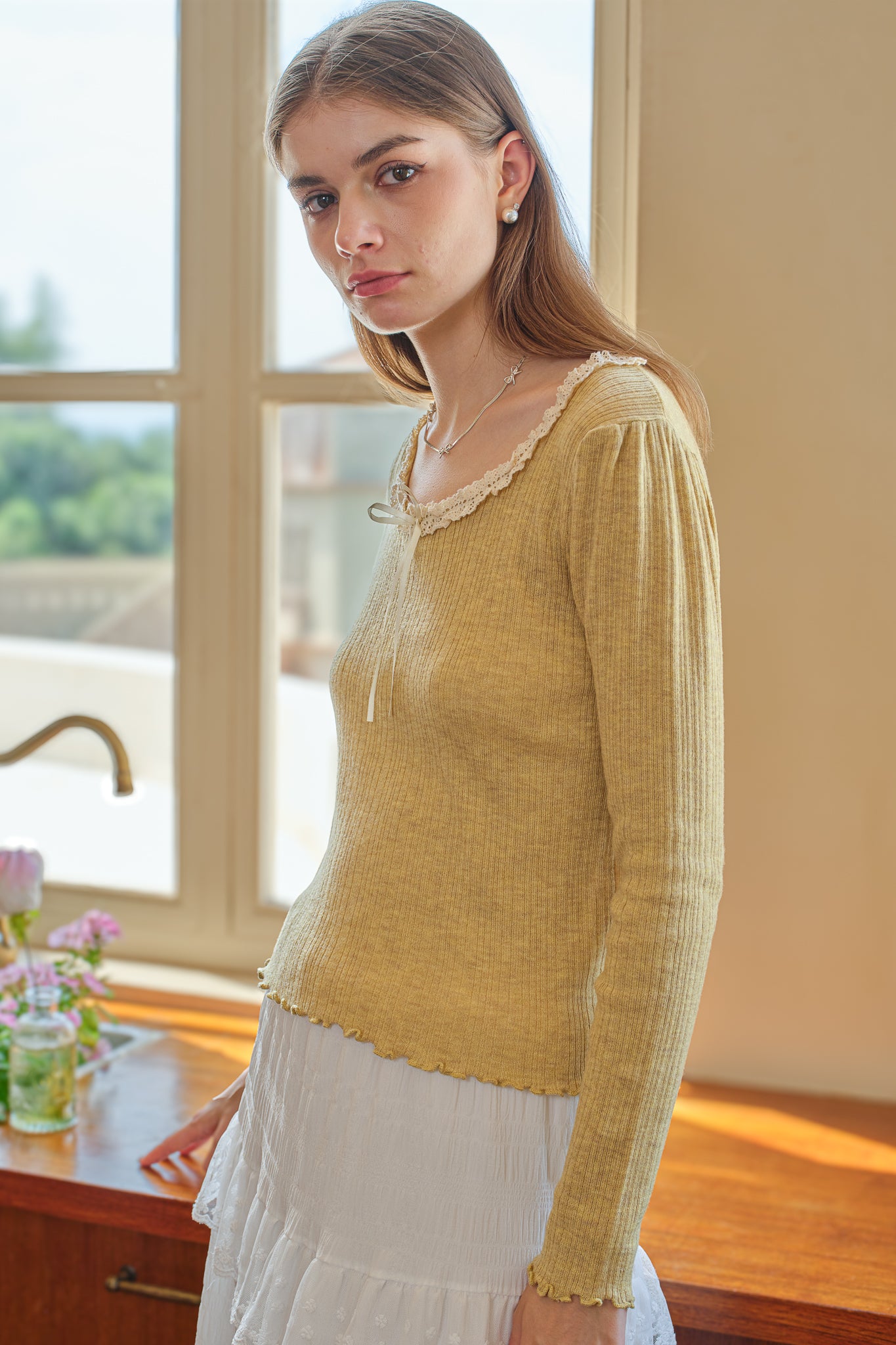 Knit Top with Lace and Ribbon (Mustard Yellow) (2S-2M-2L)