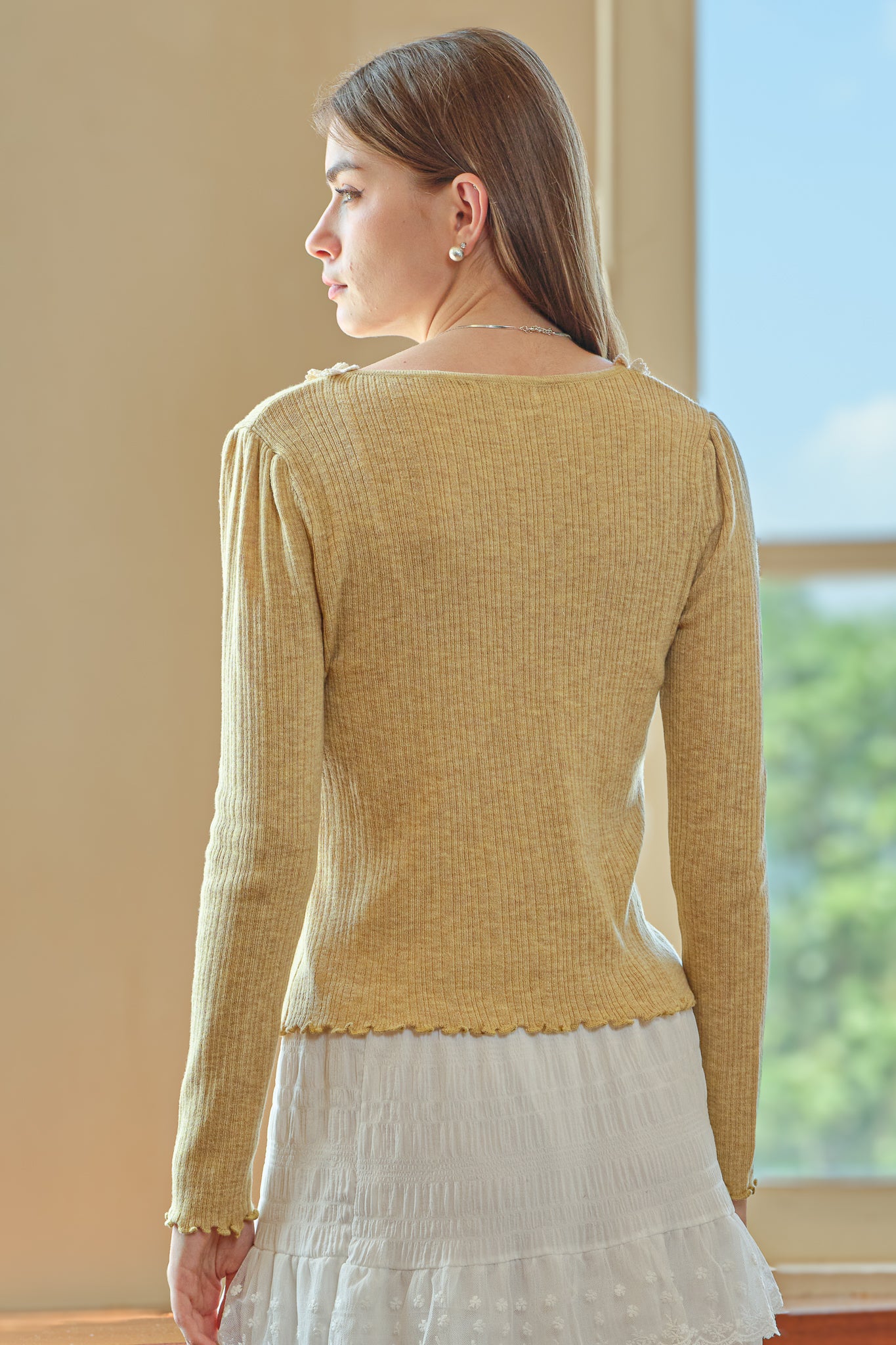 Knit Top with Lace and Ribbon (Mustard Yellow) (2S-2M-2L)