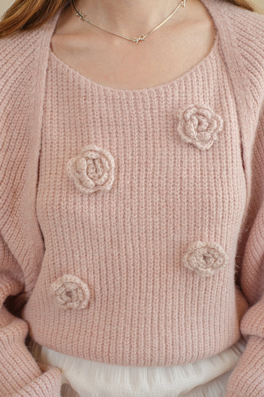 3D Floral Appliqué Tank and Cardigan Knit Set (2S-2M-2L)