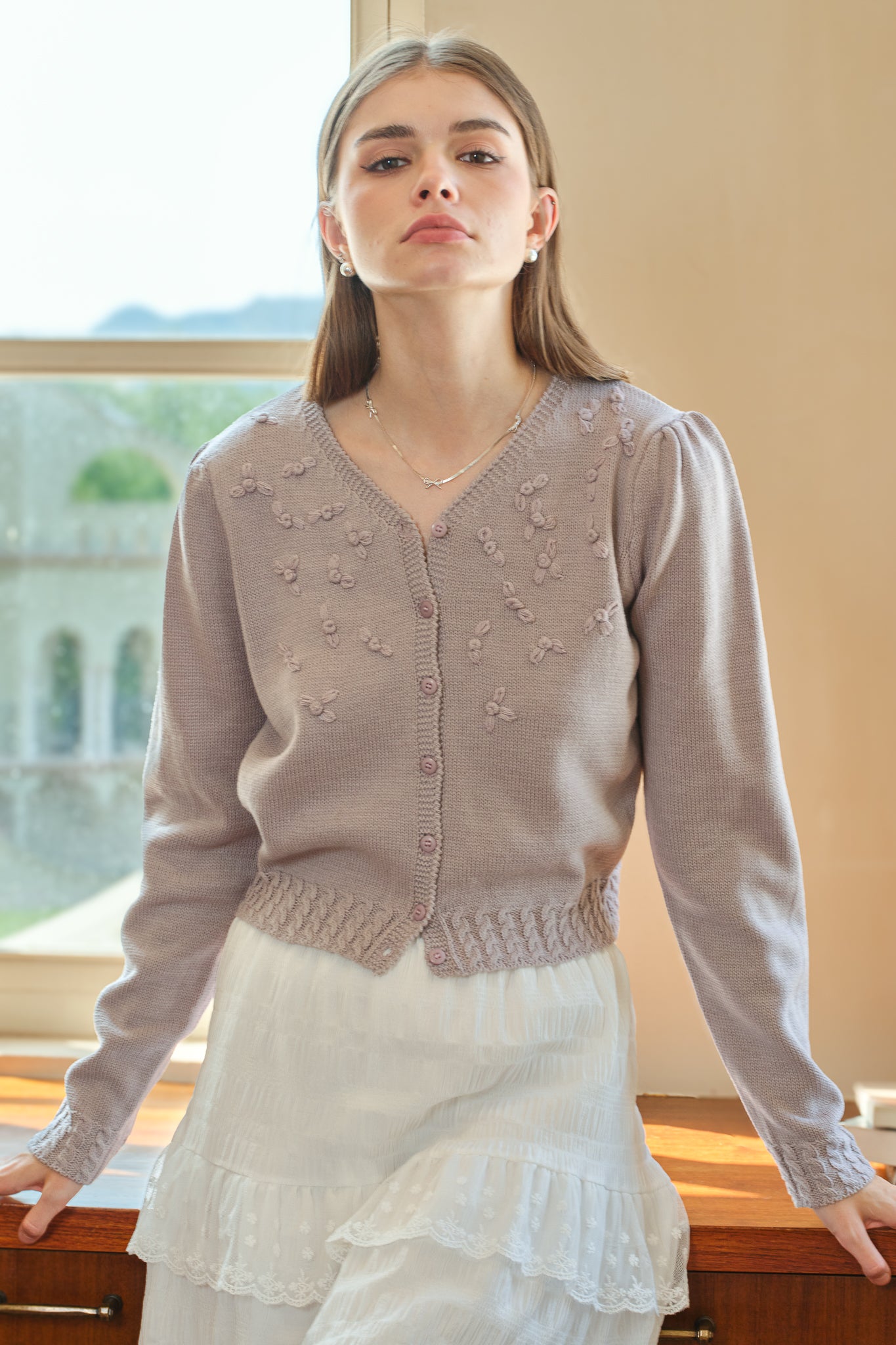 Mauve Cardigan with Floral Embroidery (2S-2M-2L)