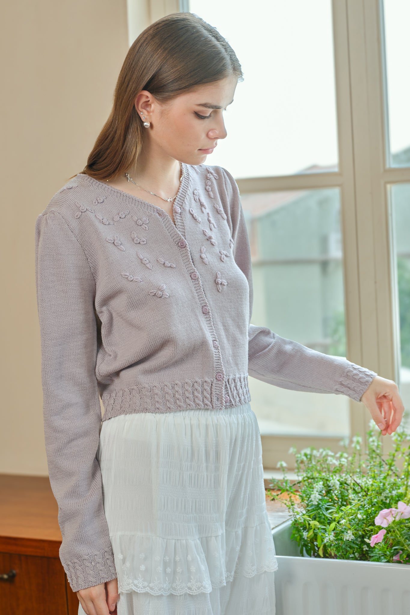 Mauve Cardigan with Floral Embroidery (2S-2M-2L)